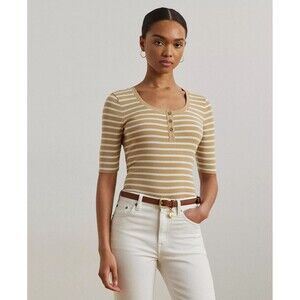 Lauren Ralph Lauren Women's Striped Elbow-Sleeve Henley Top White Cream XL
